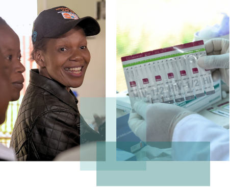 Left side: a person receiving counseling about HIV self testing. Right side: a Strip of Alere Determine HIV-1/2, rapid diagnostic test kits, which are point-of-care immunoassay tests used to detect antibodies to HIV-1 and HIV-2